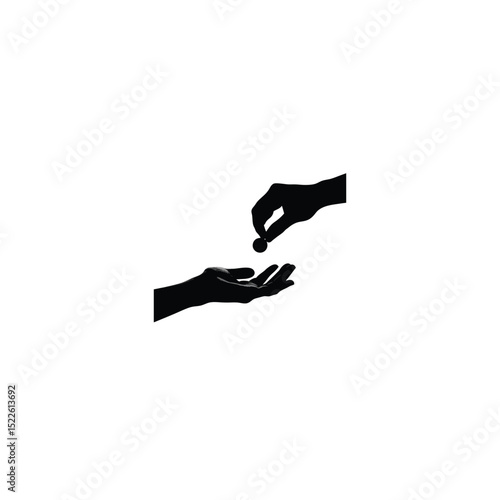 Silhouette of a hand giving a coin to another hand, representing charity and generosity on white background