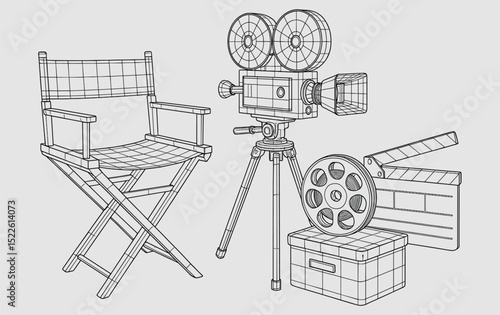 Wireframe Film Studio Scene with Lights, Cameras, and Screen