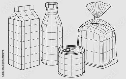 Wireframe Grocery Items with Milk, Juice, Can, and Bread