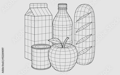 Wireframe Grocery Items with Milk, Juice, Can, and Bread