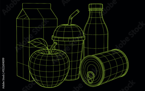 Wireframe Grocery Items with Milk, Juice, Can, and Bread