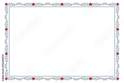 4th of July Ornate swirls isolated border, patriotic red stars, and blue, Elegant fancy award rectangle frame layout design elements, Independence Day Calligraphy Flourish Card Square frame 