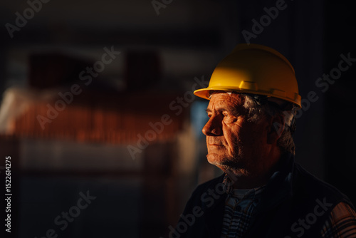 Photography Senior construction worker wearing hardhat contemplating project progress