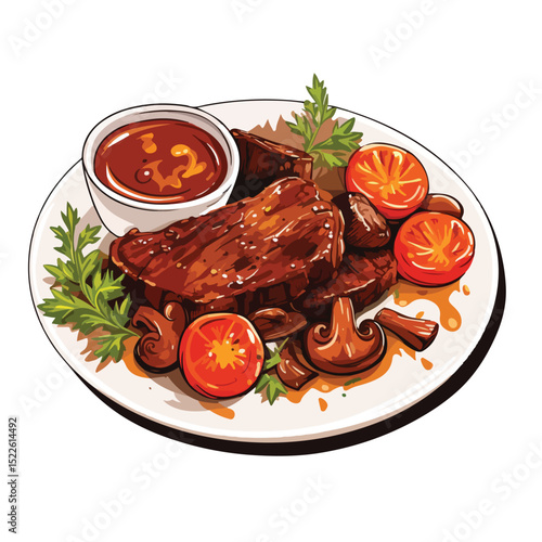 Delicious BBQ Food Photography of Steak, Mushroom, and Tomato on a Wooden Plate