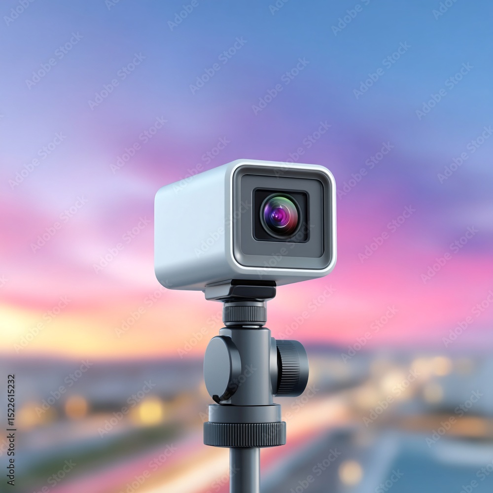 Compact Webcam on Tripod Against a City Sunset Compact Webcam on Tripod Against a City Sunset