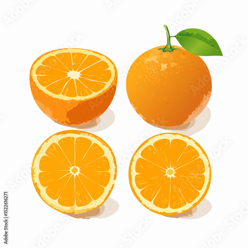 Fresh Oranges Juicy Citrus Fruit, Halved and Whole, Vector Illustration