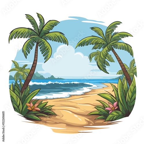 Tropical Beach and Summer View Scenery with Leaves Cartoon Illustration