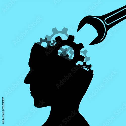 Wrench tool repairs gears in human head. Vector illustration