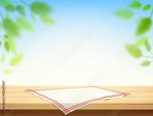 Wooden kitchen table with napkin against a defocused nature outdoor background. Vector illustration