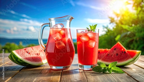 cool watermelon juice in a glass and in glass pitcher, with ice cube in it