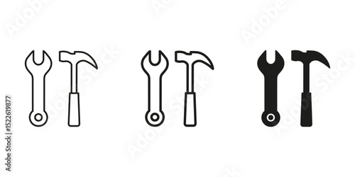 Wrench And Hammer Tool Icon Set. Construction, Repair, And Maintenance Outline And Silhouette Symbol Collection. Diy And Handyman Tools. Isolated Vector Illustration