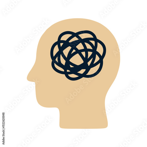  Head with Scribble – Flat Vector Icon in Beige and Navy for Anxiety Apps, Cognitive Overload Infographics, and Mental Health Interfaces Focused on Burnout and Inner Chaos