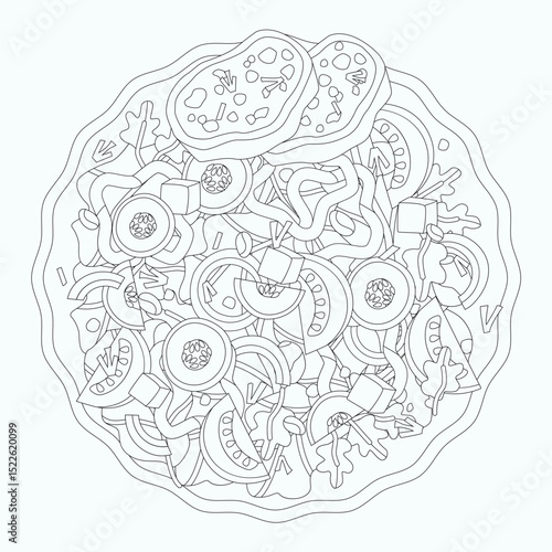 Vegetable salad vector illustration. Greek salad. Coloring page