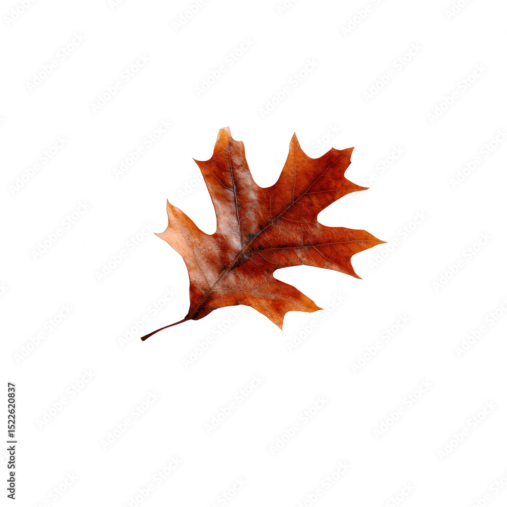 Naklejka premium A vibrant brown autumn oak leaf isolated against a white background, showcasing intricate details and textures, perfect for seasonal or nature-themed designs.