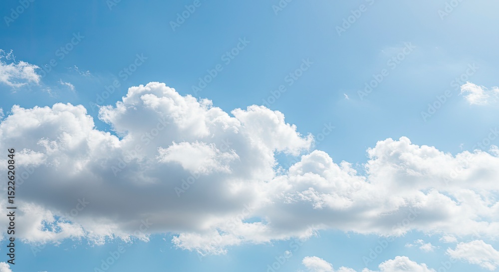 Fototapeta premium White Cumulus Clouds Against a Bright Blue Sky with Sunshine and Natural Beauty