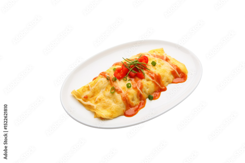 Delicious omelet topped with tomato sauce, cheese, and herbs, served on a white plate. background removed Delicious omelet topped with tomato sauce, cheese, and herbs, served on a white plate. background removed