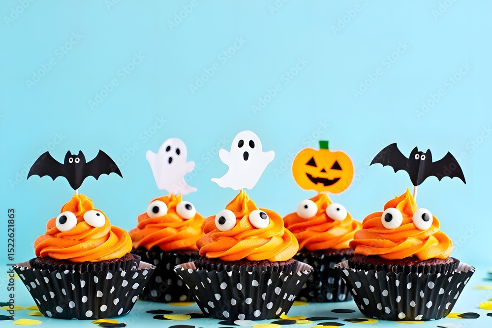 Obraz premium Festive halloween cupcakes with orange frosting and cute decorations on a blue background