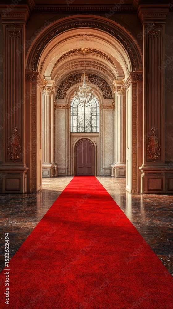 Fototapeta premium Elegant interior with red carpet leading to ornate doorway in grand hall illuminated by chandelier