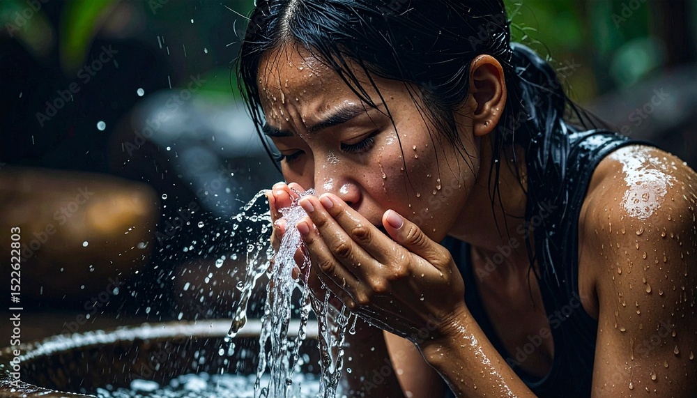 Obraz premium a woman cleans her face, close up, there is some splash of water