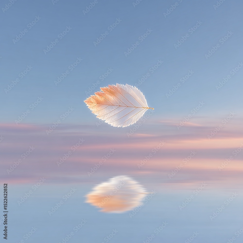 Floating Leaf Skeleton Reflected in Calm Water at Sunset Floating Leaf Skeleton Reflected in Calm Water at Sunset