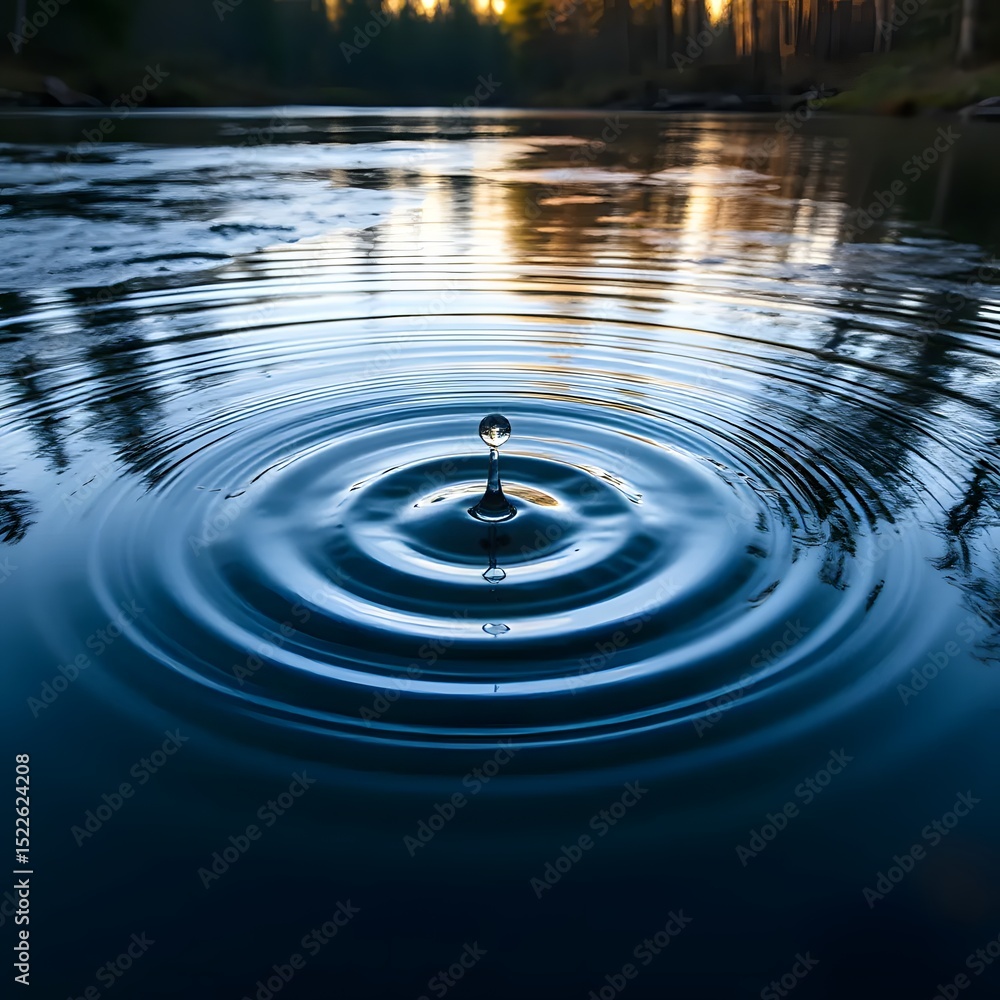 Single water drop creating ripples in calm lake water with reflections and dramatic light Single water drop creating ripples in calm lake water with reflections and dramatic light