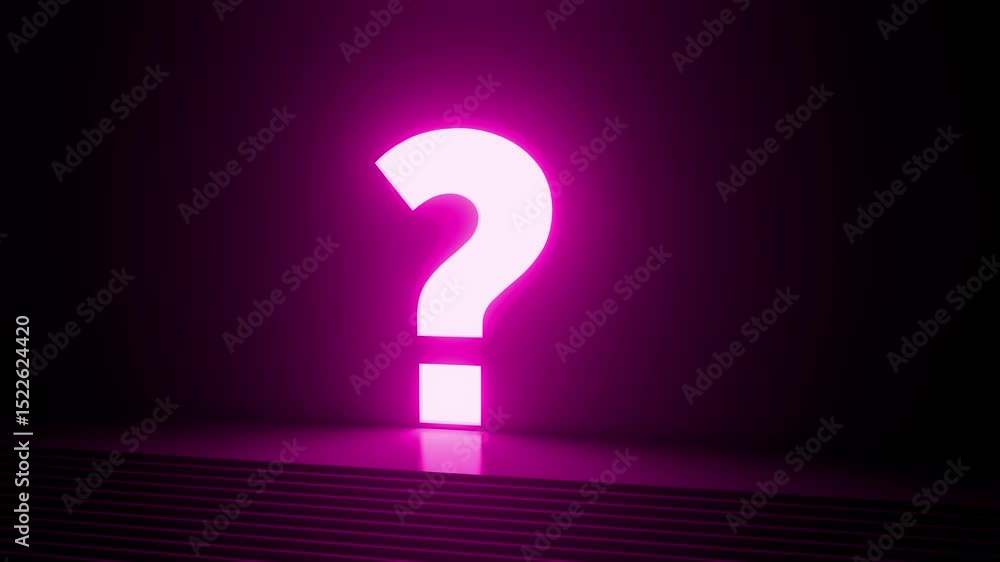 Luminous pink neon question mark glowing on reflective surface, casting vibrant illumination against dark background with horizontal linear elements Luminous pink neon question mark glowing on reflective surface, casting vibrant illumination against dark background with horizontal linear elements