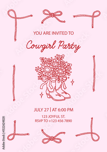 Cowgirl party invitation template with sample text. Cowboy boots vase with beautiful bouquet of sunflowers and coquette bow ribbon. Frame of rope and corde bows with knot tied. Cowboy western concept