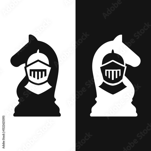Chess knight icons in black and white contrasting design with knight figure