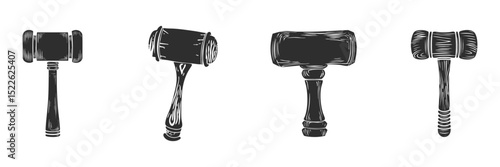 Gavel Silhouettes Set. Legal Authority And Justice Symbols Isolated Vector Illustration Collection