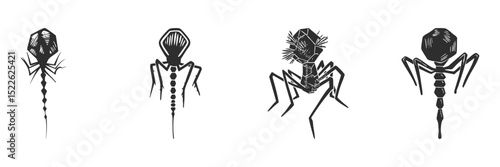 Bacteriophage Virus Silhouette Set. Microbiology And Virology Concepts Isolated Vector Illustration Collection