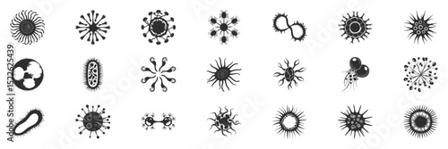 Virus And Bacteria Silhouette Set. Microorganism Diversity And Pathogen Illustration Collection