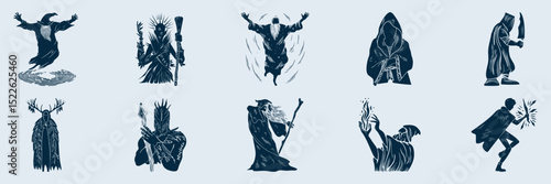 Fantasy Wizards And Sorcerers Silhouette Set. Magical Characters And Mystical Powers Isolated Vector Illustration Collection