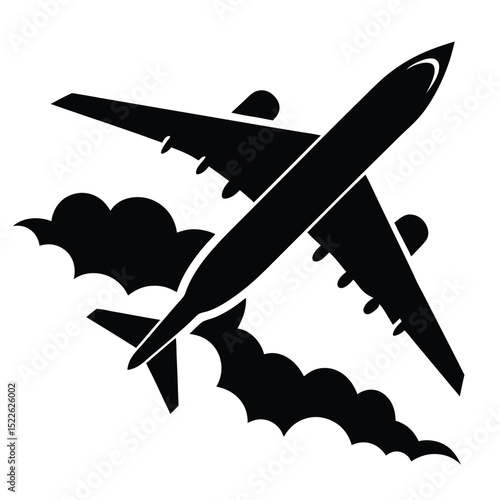 Airplane flying travel tourism flight clouds black vector silhouette