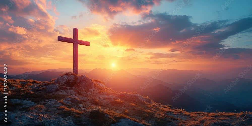Obraz premium Sunrise view over mountains with a cross silhouette standing tall against a colorful sky