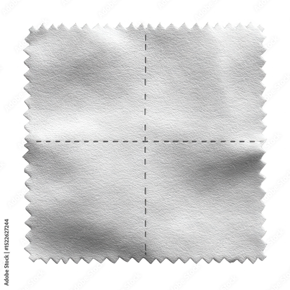 Fototapeta premium Blank textured fabric swatch with serrated edges on a white isolated background, ideal for design and textile applications.