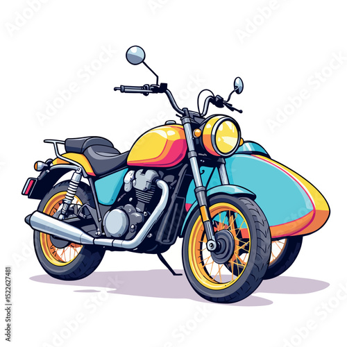 Vsai colorful retro motorcycle with sidecar standing out on white background