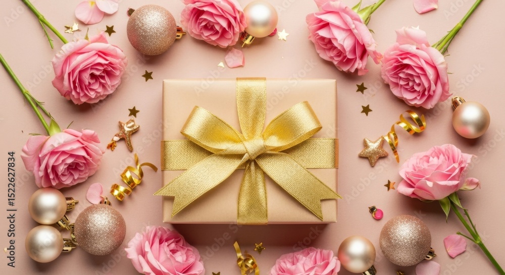 Gift Box with Pink Roses on Soft Background Gift Box with Pink Roses on Soft Background