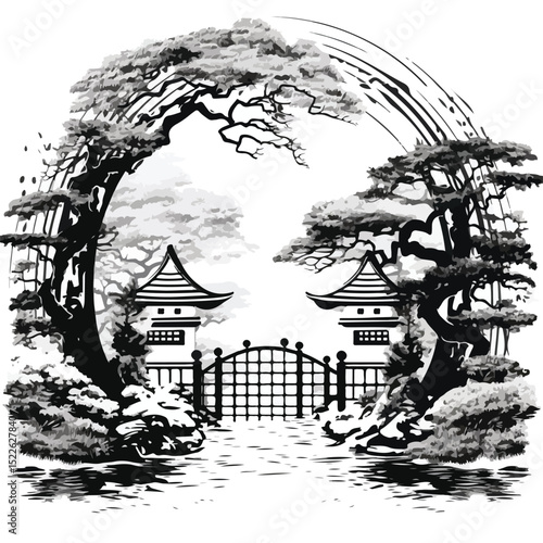 Traditional Japanese Gate surrounded by Trees in Black and White Vector Illustration