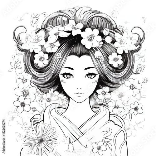 Traditional Japanese Kokeshi Doll and Geisha Decorative Sketch Vector Illustration