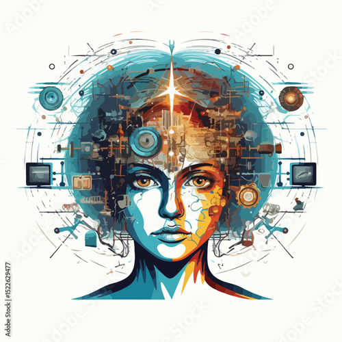 Futuristic Mind Control Technology Vector Illustration Isolated on White Background