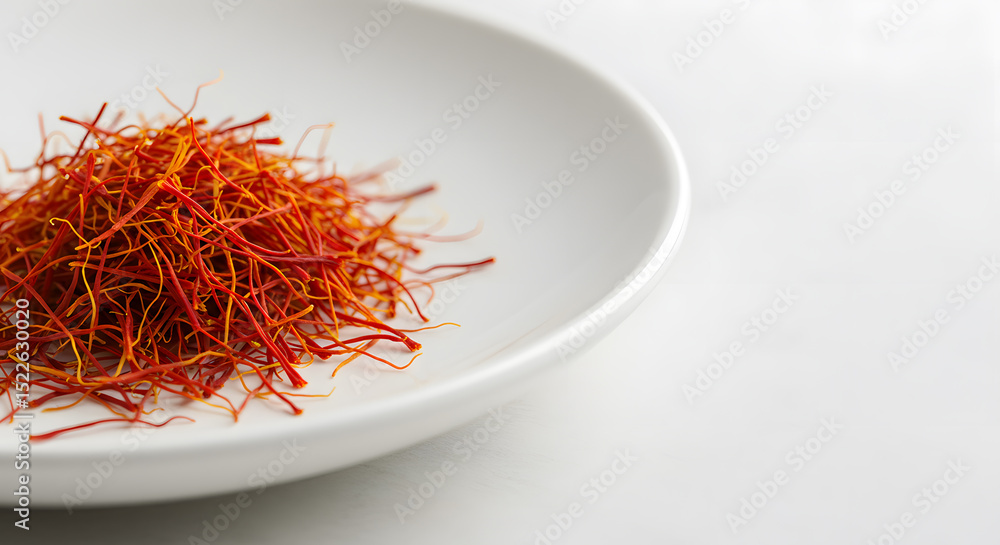 Fototapeta premium Close-up of vibrant red saffron threads, an expensive spice, in a white ceramic dish on a clean white textured background. Gourmet culinary ingredient.