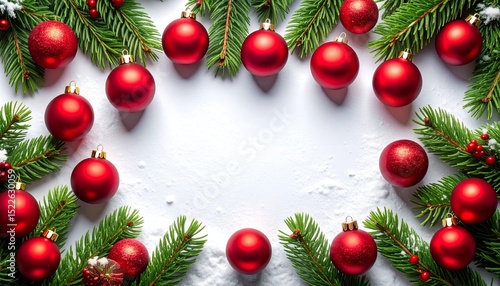 create white Christmas background image with snow, and chrsitmas tree with red balls