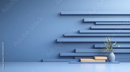 Minimalist Blue Geometric Room Interior with Plant