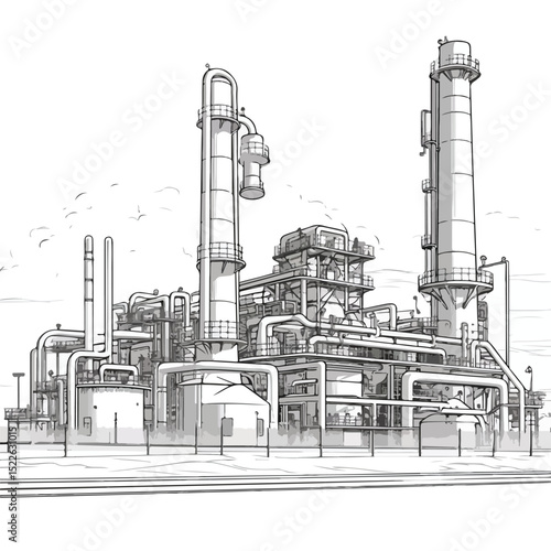 Professional Hight-Quality Petroleum Refinery Pump Black and White Vector Illustration