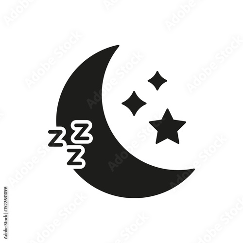 Crescent Moon With Stars And Sleep Symbol Solid Icon. Nighttime Rest, Sleep Quality, And Relaxation Silhouette Symbol. Dreaming And Night Sky Representation. Isolated Vector Illustration