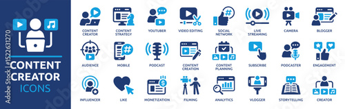 Content creator icon set. Video editing, content strategy, youtuber, blogger, monetization, podcast, live streaming, social network, subscribe and more. Solid vector icons collection.