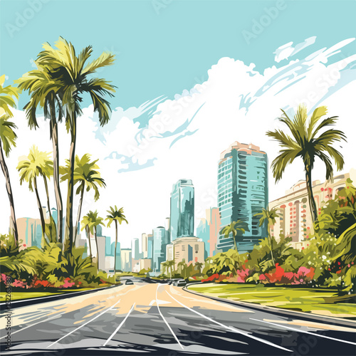 Scenic Road through Meadow with Palm Trees - Travel Vacation City Background Image