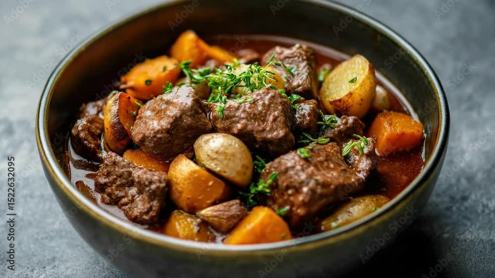 Delicious, hearty beef stew served over a bed of diced potatoes and freshly diced carrots. Perfect for colder weather. Delicious, hearty beef stew served over a bed of diced potatoes and freshly diced carrots. Perfect for colder weather.