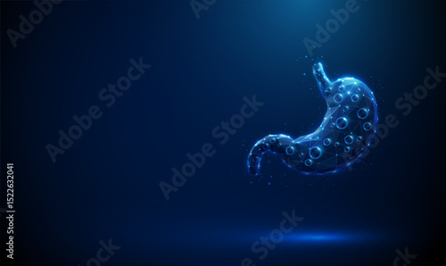 Abstract blue human stomach with gas bubbles inside. Bloating, fermentation, digestive discomfort. Medical concept