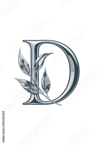 Vector illustration of a capital letter D with shiny chrome finish and elegant botanical decoration. Features soft metallic curves and a leaf accent. Ideal for wedding design and eco-luxury branding.